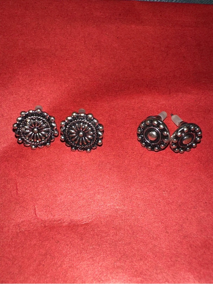 Set Of 2 Pairs Antique Silver Western Stud Earrings